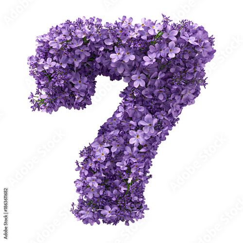 Top view of a 3D letter 7 made of lavender flowers isolated on a white transparent background