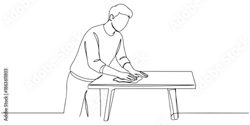 Continuous one line drawing of a person disinfecting a countertop, representing hygiene and attention, line art style vector illustration.