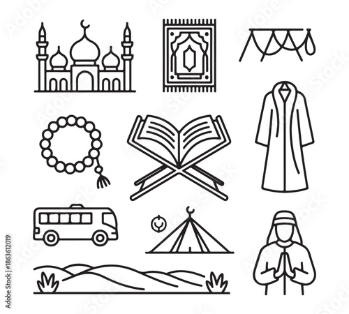 Islamic cultural icons set mosque prayer rug rosary holy quran clothes tent bus desert landscape and man praying