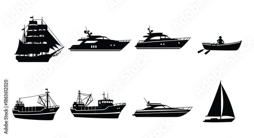 Variety of black silhouette boats and ships sailing on wavy water
