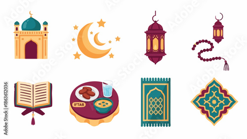 Flat lay of various colorful Islamic icons and symbols on a clean white background, including mosque, crescent moon, lantern, prayer beads, Quran, food, prayer mat, and geometric pattern.