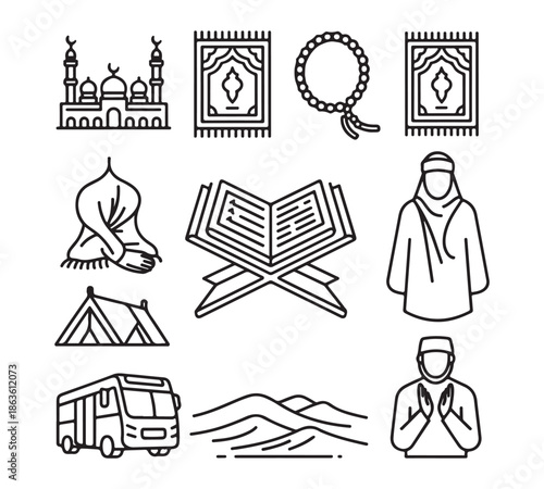 Islamic icons collection mosque prayer rug prayer beads holy quran praying woman tent bus landscape praying man