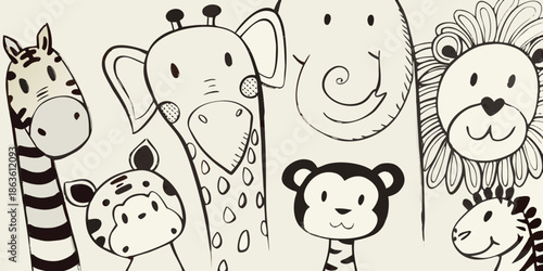 A charming collection of sketched animals includes a giraffe elephant lion and monkey