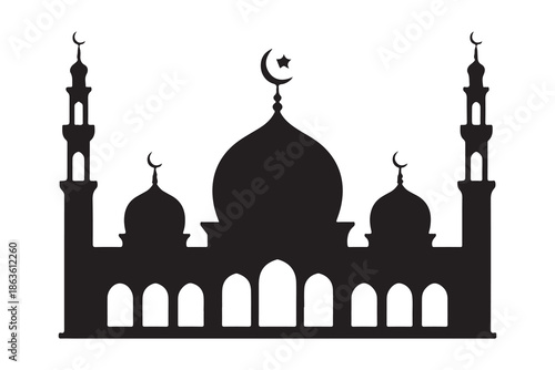 Silhouette graphic of an islamic mosque structure with wide central dome twin minarets and multiple entrance arches