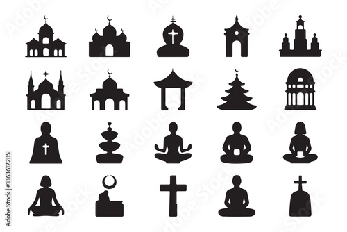 Religion icons set with diverse spiritual symbols silhouette illustration featuring churches temples and people