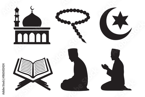 Islamic cultural icons collection mosque prayer beads moon star holy book and people praying silhouette set