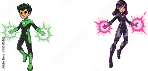 Cartoon superhero kids with glowing energy powers, boy green star hero illustration, girl pink burst protector, fantasy action artwork, children mascot design