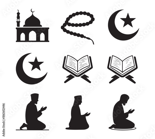 Islamic cultural icons mosque prayer beads moon star holy book people praying silhouette set religious symbols
