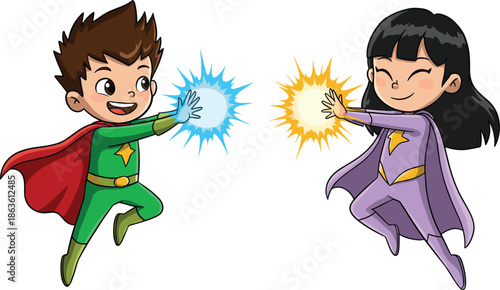 Cartoon superhero kids with glowing energy powers, boy star hero illustration, girl star protector, fantasy action artwork, children superhero mascot design