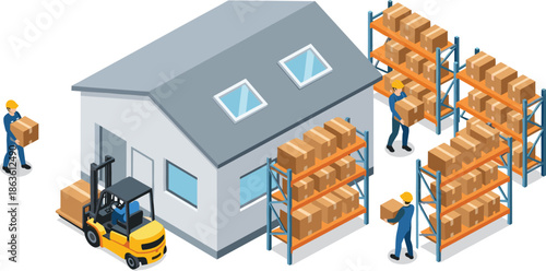 Warehouse operations illustration, logistics workers, forklift handling, inventory management, cardboard boxes, shelving system, industrial storage, supply chain activity