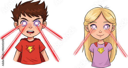Cartoon superhero children with glowing laser eyes, kids in costume, fantasy powers, imagination, action, colorful illustration, childhood heroes, comic style, strength