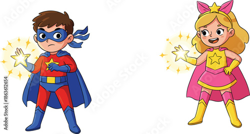 Cartoon superhero kids with glowing spark powers, boy blue cape hero illustration, girl pink star protector, fantasy action artwork mascot design