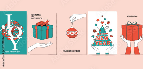 Festive Holiday Greeting Cards Featuring Hands Holding Gifts and Ornaments for Christmas and New Year Celebrations