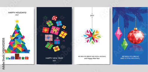 Festive geometric holiday greeting cards with Christmas tree, gifts, ornaments, and abstract shapes in vibrant colors