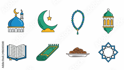 Collection of eight Islamic icons including a mosque, crescent moon, prayer beads, lantern, Quran, prayer mat, dates, and Star of David on a white background.