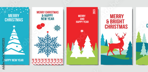 Festive Holiday Greeting Cards Featuring Stylized Christmas Trees, Snowflakes, and Reindeer for Happy New Year Celebrations