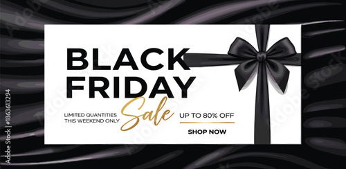 Black Friday Sale Banner with Ribbon and Discount Information