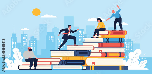 Empowering professional growth through continuous learning and collaborative support, symbolizing career advancement and educational journeys in a dynamic urban landscape