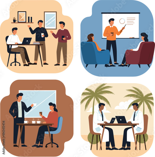 Flat vector illustration set of business people working in office, presenting data on whiteboard, drinking coffee, and scientists collaborating with laptops.