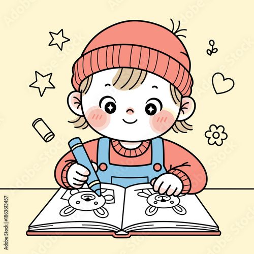 Cute child happily coloring book with crayon and smiling