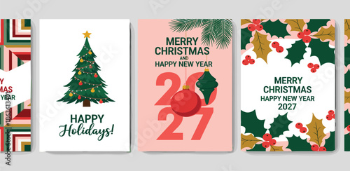 A vibrant collection of modern Christmas and New Year greeting card designs, showcasing festive trees, classic holly, and elegant seasonal typography for holiday celebrations