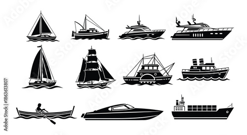 Variety of black silhouette boats and ships sailing on wavy water