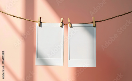 Two blank photo prints clipped to a rope against a soft pink wall, minimal mockup scene with natural light and gentle shadows.