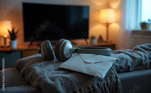 Wireless headphones resting on a cozy blanket with an envelope, warm evening living room scene with soft lamp light and modern TV.