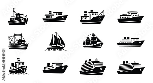 Variety of black silhouette boats and ships sailing on wavy water