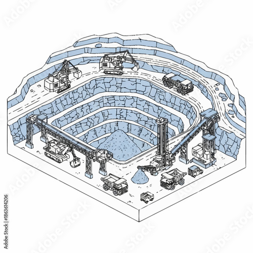 Detailed illustration of an open pit mine with heavy machinery.