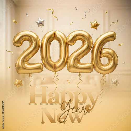 Gold number 2026 balloon with Happy New Year text on elegant interior background
