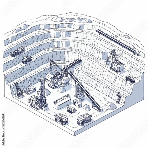 Detailed illustration of an open pit mine with various heavy machinery.