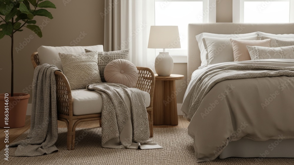 Fototapeta premium Cozy and Elegant Bedroom with Natural Textures and Soft Tones in Contemporary Design