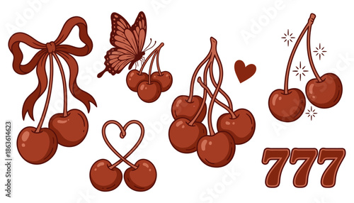 A collection of stylized cherry illustrations including bunches of cherries cherries tied with a bow cherries forming a heart shape a butterfly near cherries and the number 777