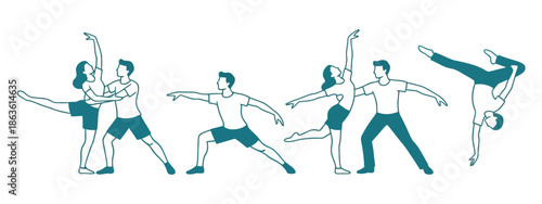 A sequence of diverse figures engaged in dynamic dance and acrobatic movements showcasing flexibility and athleticism dancers ballet modern dance hip hop breakdance gymnastics
