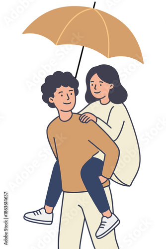 A man gives a piggyback ride to a woman holding a closed umbrella above them depicted in a minimalist style with clean lines and a warm color palette couple together happiness