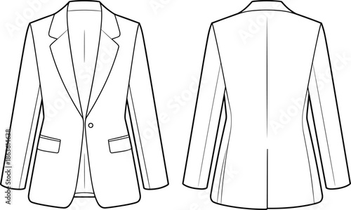 Men tailored blazer jacket illustration, front and back view, minimalist fashion apparel outline, formal business outerwear, cad drawing flat vector illustration