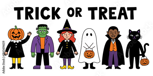A cheerful collection of Halloween characters including a pumpkin headed child Frankenstein a witch a ghost a vampire and a black cat all holding candy buckets trick or treat