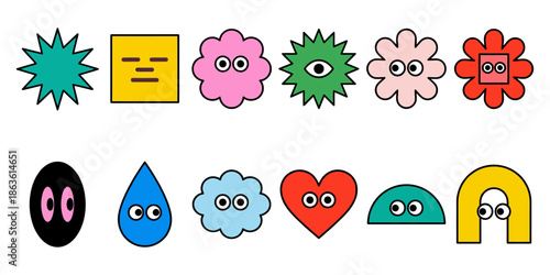 Collection of colorful abstract geometric shapes and cartoon like figures with eyes set against a plain backdrop 176 characters playful cute graphic design illustration simple