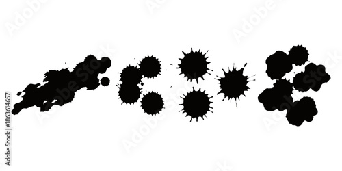 Collection of black ink splatters and blobs demonstrating organic abstract shapes and textures in a horizontal arrangement blot splash drop stain paint grunge messy liquid