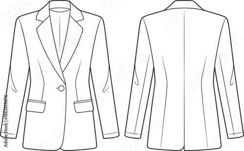 Women tailored blazer jacket, front and back view, minimalist fashion apparel outline, formal business wear, cad drawing flat vector illustration