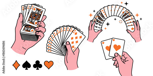 Multiple hands hold playing cards in various arrangements fanned out in stacks and as pairs showcasing card suits and royalty poker gambling holding entertainment leisure
