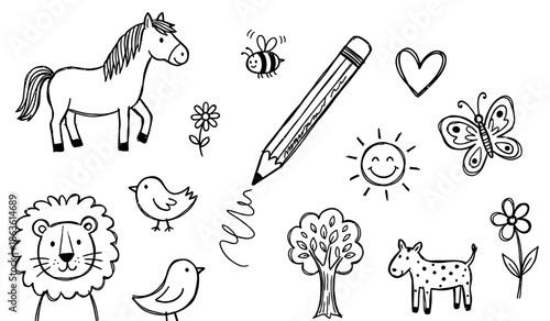 A collection of whimsical hand drawn black and white doodles features a horse lion birds bee butterfly sun heart tree spotted dog and flowers all sketched with a pencil drawing