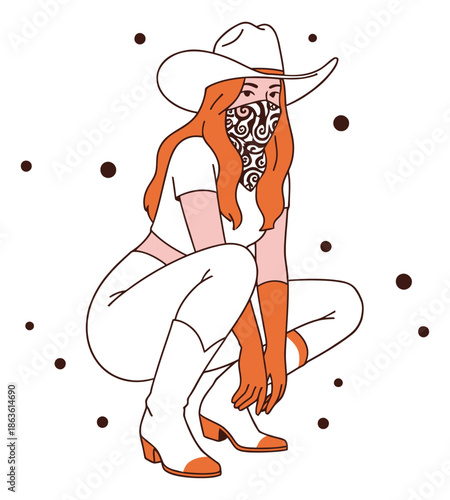 A woman wearing a white cowboy hat and bandana over her face white outfit and orange gloves crouches down amidst scattered dark circles cowgirl western face covering mask