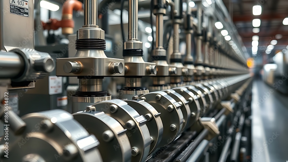Naklejka premium Detailed machinery on an assembly line, highlighting metallic textures and industrial precision.