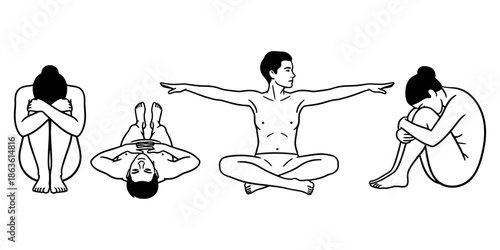 Four individuals are depicted in minimalist black and white line art displaying varied postures and emotional expressions ranging from distress to open contemplation people