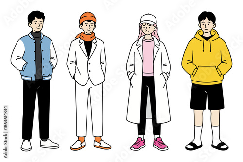 Four diverse individuals two males and two females are depicted standing side by side wearing fashionable modern clothing and accessories people style casual group illustration