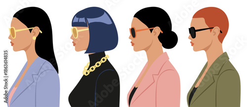 Four diverse women wearing stylish outfits and sunglasses are depicted in profile view showcasing modern fashion and individual style clothing jackets business attire diverse group