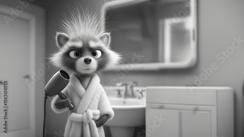 Waschbär mit Föhn und aufgeföhnter Frisur in schwarz-weißer Badezimmerszene