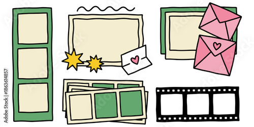Hand drawn frames envelopes with hearts film strip elements and decorative stars arranged in a whimsical composition photo album scrapbook collage doodle drawing sketch graphic design
